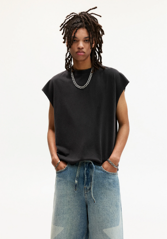 Oversized Acid Wash Vest - Black
